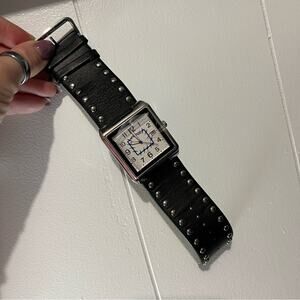 Montana Silversmiths black leather stud square face barbed wire wrist watch NIB